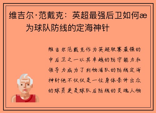 维吉尔·范戴克:英超最强后卫如何成为球队防线的定海神针 维吉尔·范戴克:英超最强后卫如何成为球队防线的定海神针