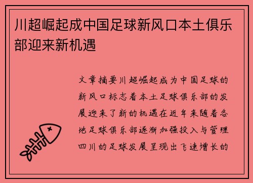 川超崛起成中国足球新风口本土俱乐部迎来新机遇 川超崛起成中国足球新风口本土俱乐部迎来新机遇